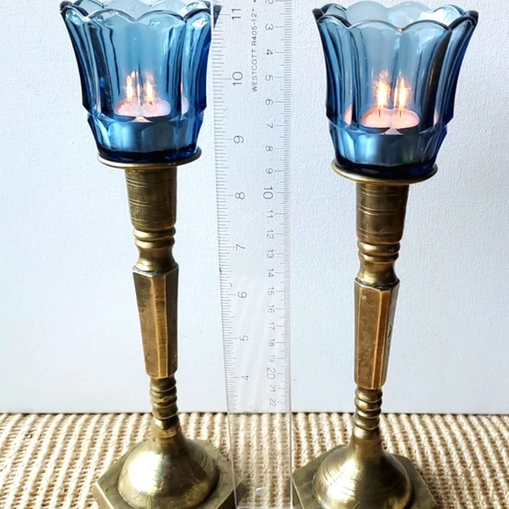 Vintage Brass Mid Century Candleholders Hexagonal Base Etched Floral 9